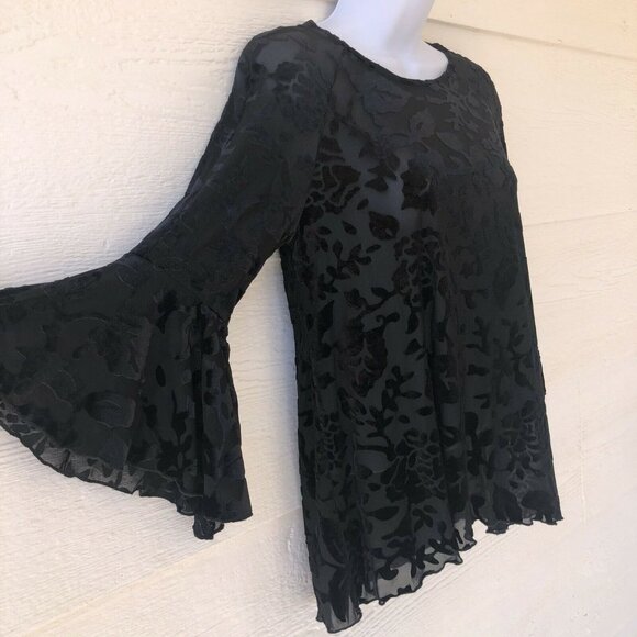 Chelsea & Theodore Size Small Black Velvet Burnout Top Sheer Flare Sleeves - Picture 2 of 12